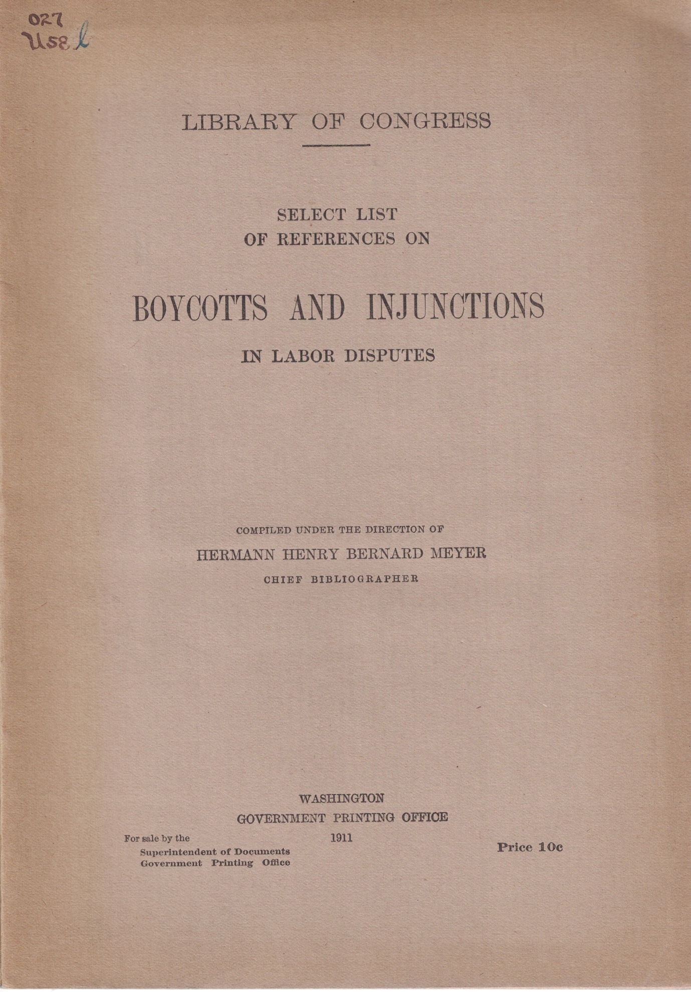 Image for Select List of References on Boycotts and Injunctions in Labor Disputes (Library of Congress)