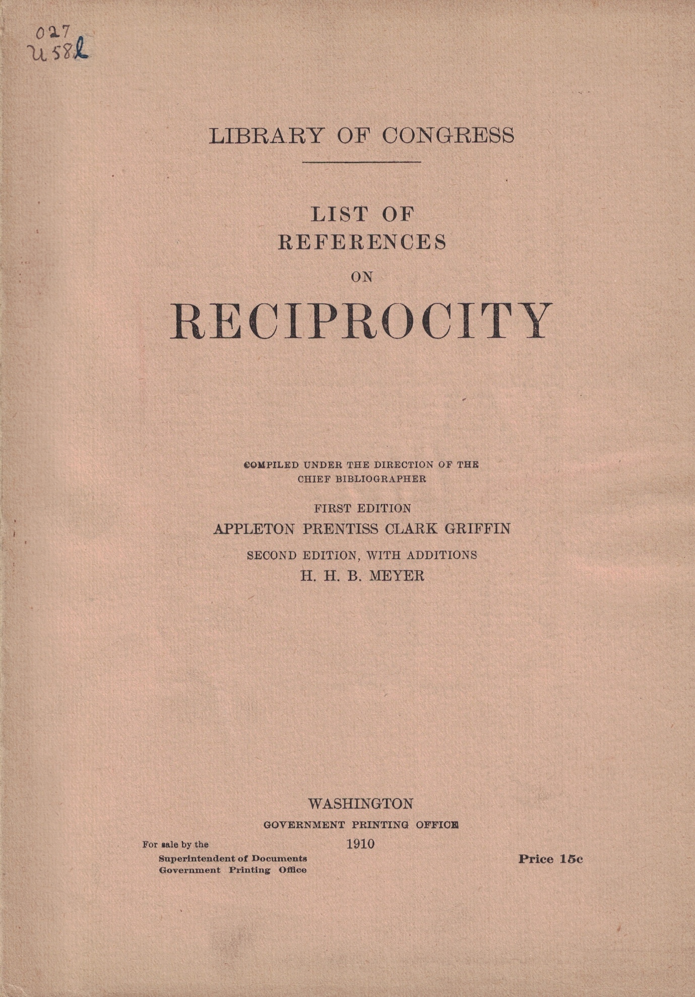 Image for List of References on Reciprocity (Library of Congress)