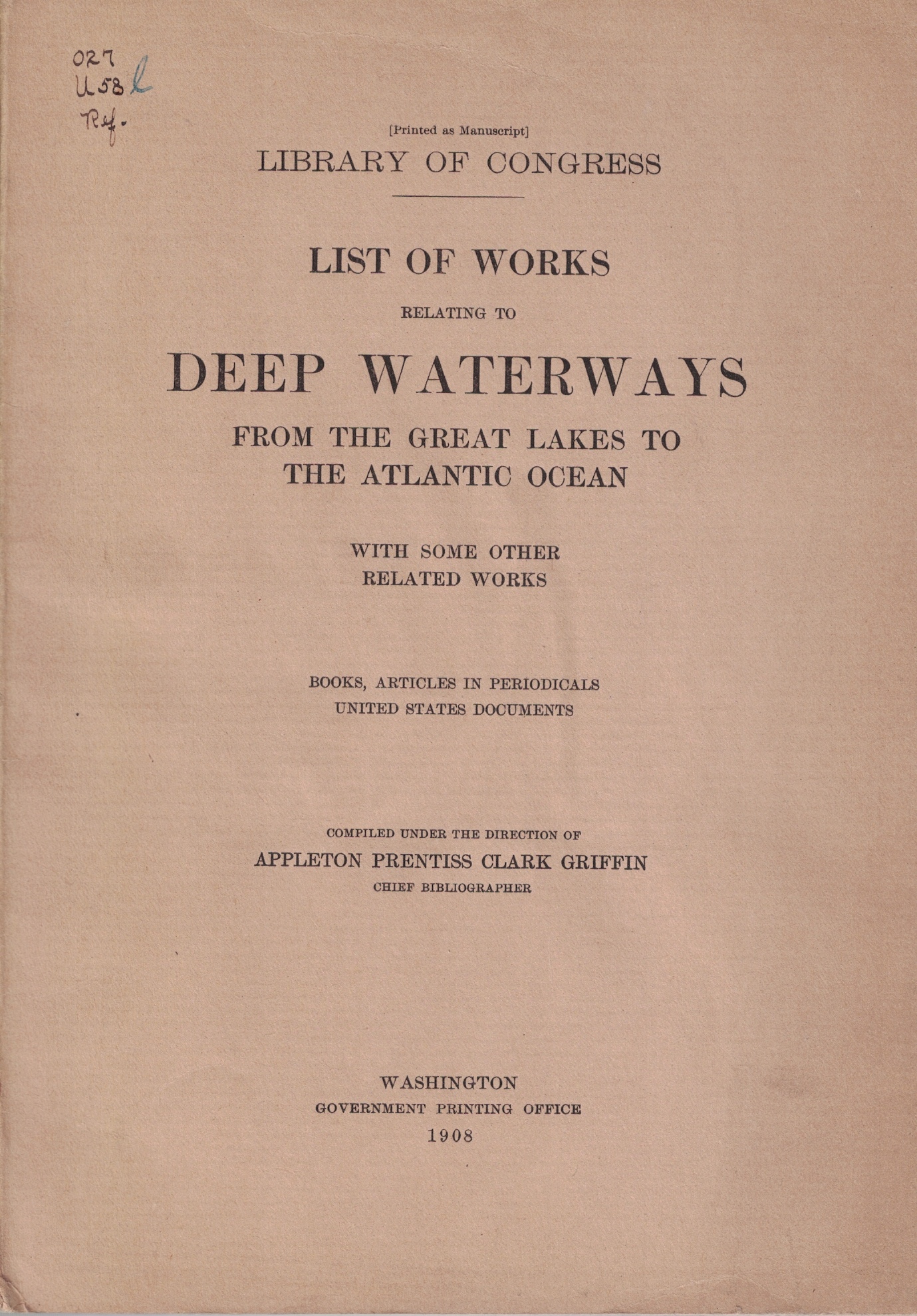 Image for List of Works Relating to Deep Waterways from the Great Lakes to the Atlantic Ocean, with Some Other Related Works (Library of Congress)